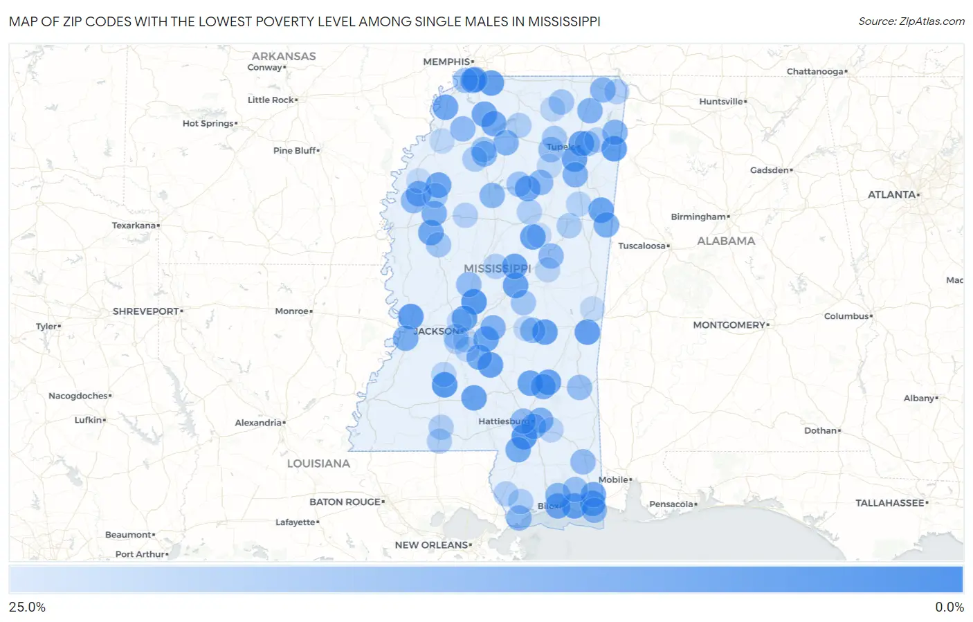 Zip Codes with the Lowest Poverty Level Among Single Males in Mississippi Map