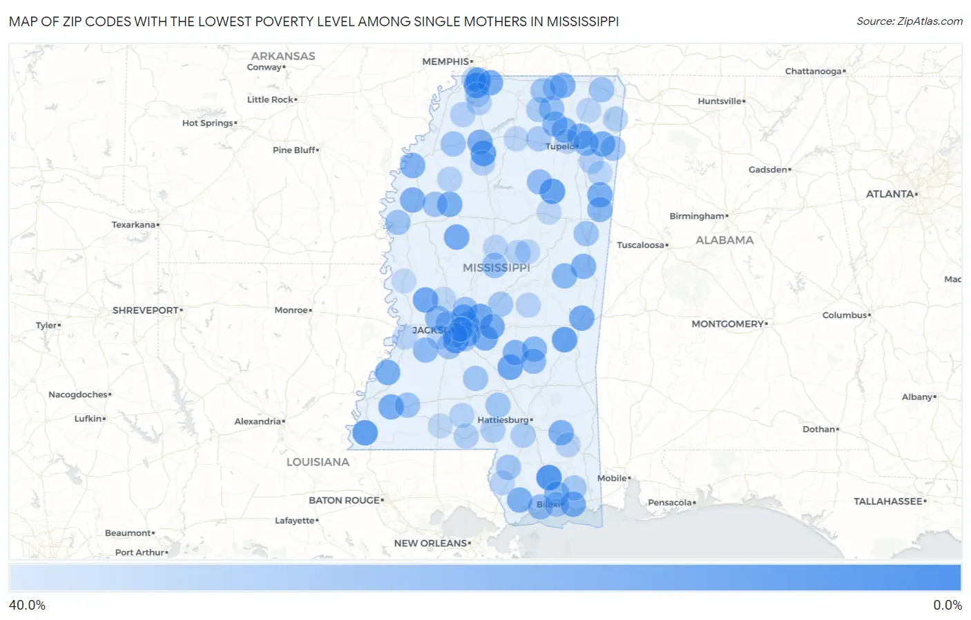 Zip Codes with the Lowest Poverty Level Among Single Mothers in Mississippi Map