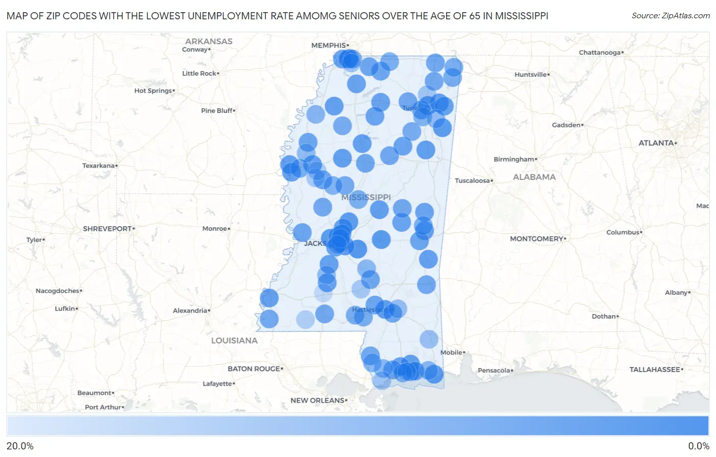 Zip Codes with the Lowest Unemployment Rate Amomg Seniors Over the Age of 65 in Mississippi Map