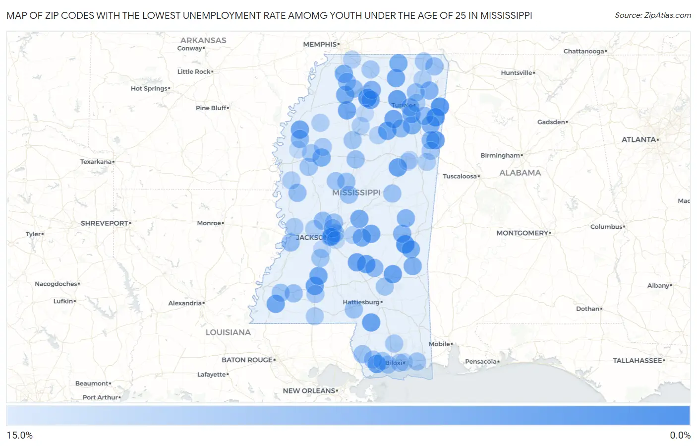 Zip Codes with the Lowest Unemployment Rate Amomg Youth Under the Age of 25 in Mississippi Map