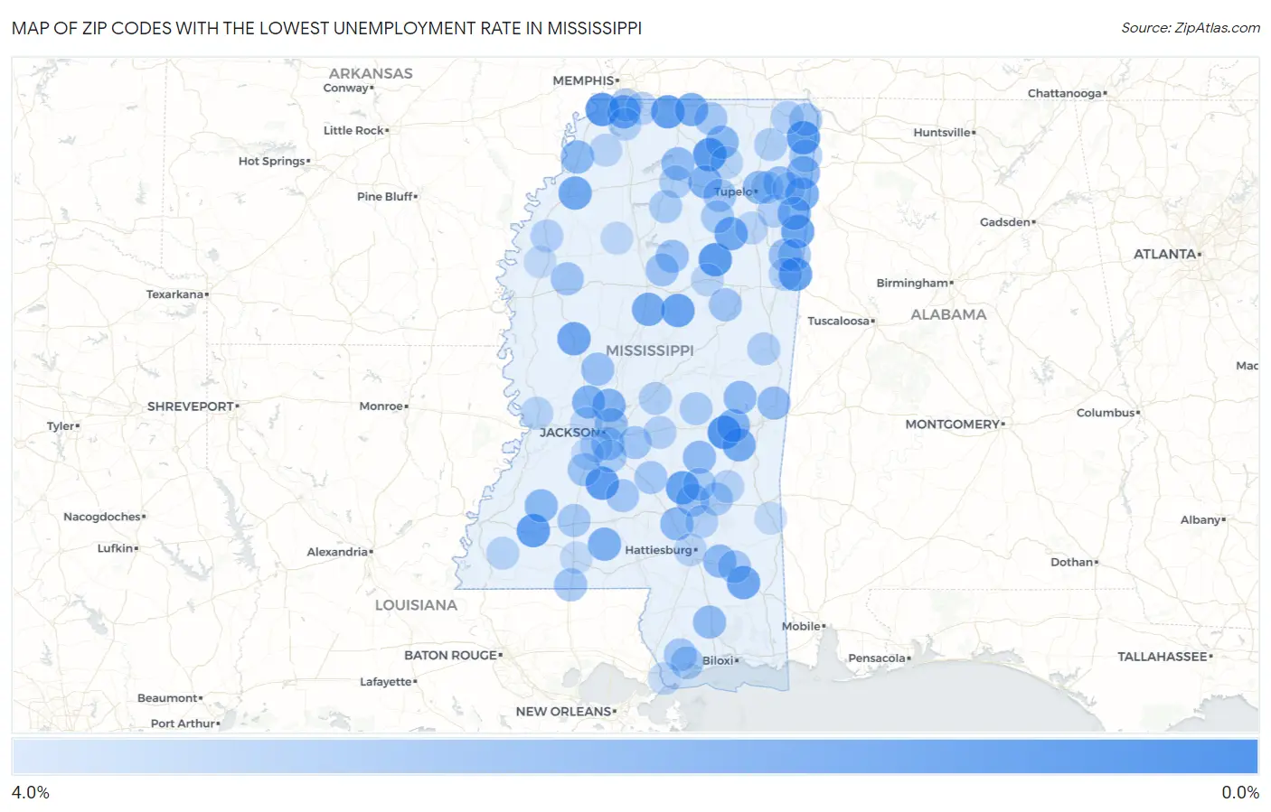 Zip Codes with the Lowest Unemployment Rate in Mississippi Map