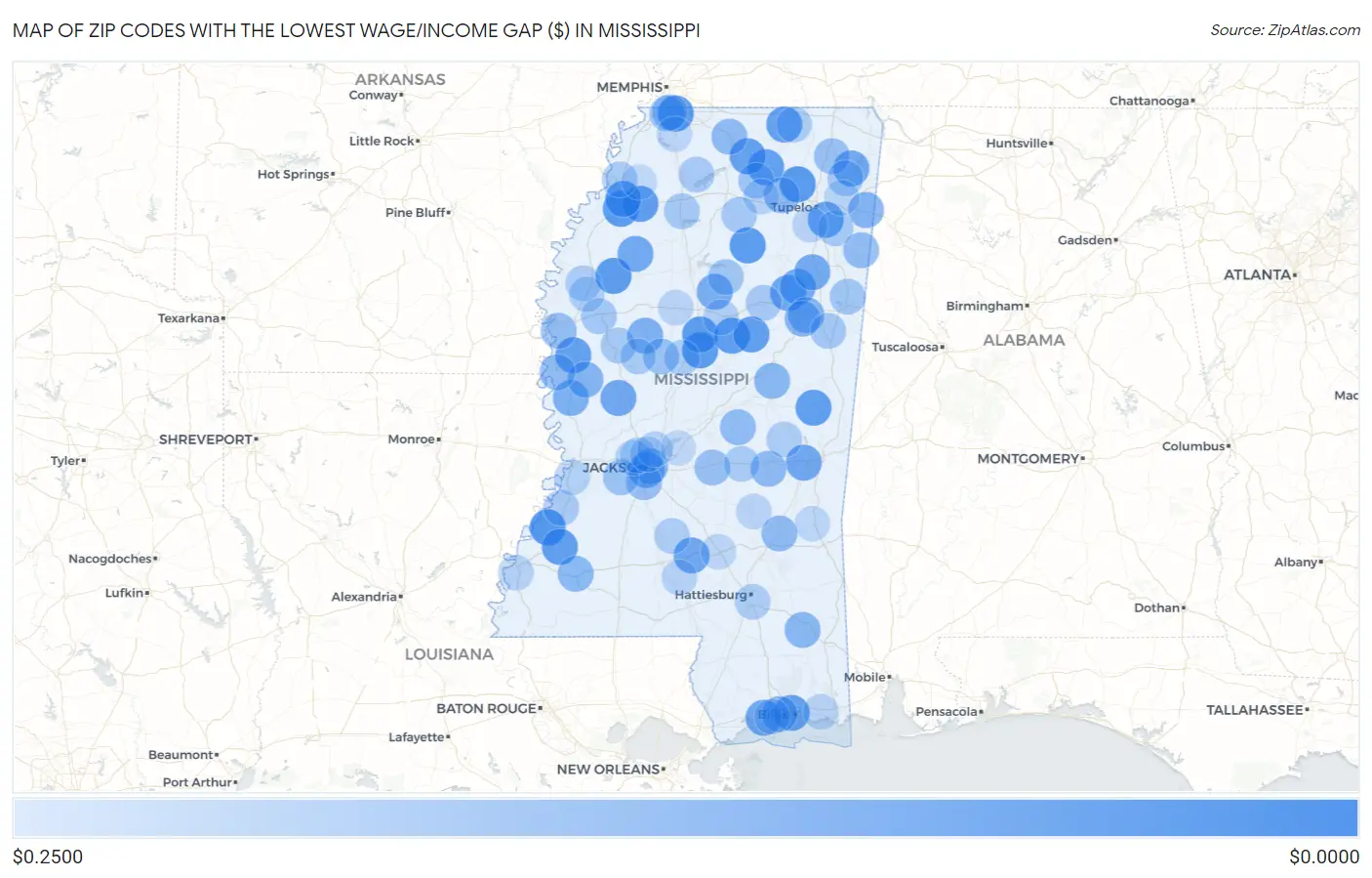 Zip Codes with the Lowest Wage/Income Gap ($) in Mississippi Map