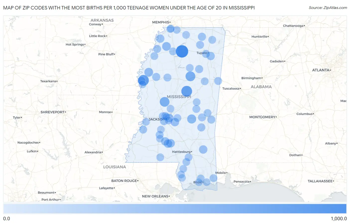 Zip Codes with the Most Births per 1,000 Teenage Women Under the Age of 20 in Mississippi Map
