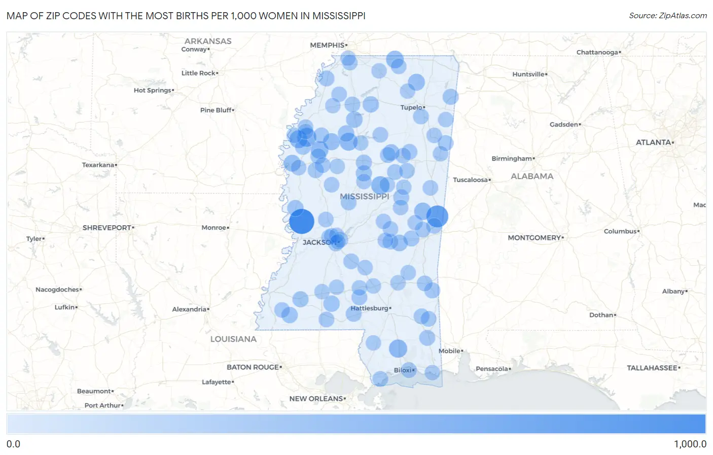 Zip Codes with the Most Births per 1,000 Women in Mississippi Map