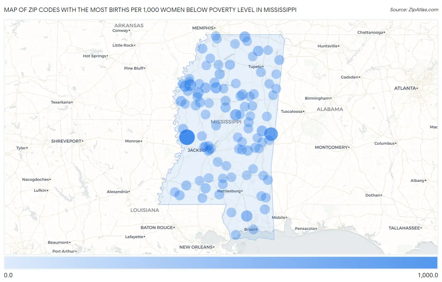 Zip Codes with the Most Births per 1,000 Women Below Poverty Level in Mississippi Map