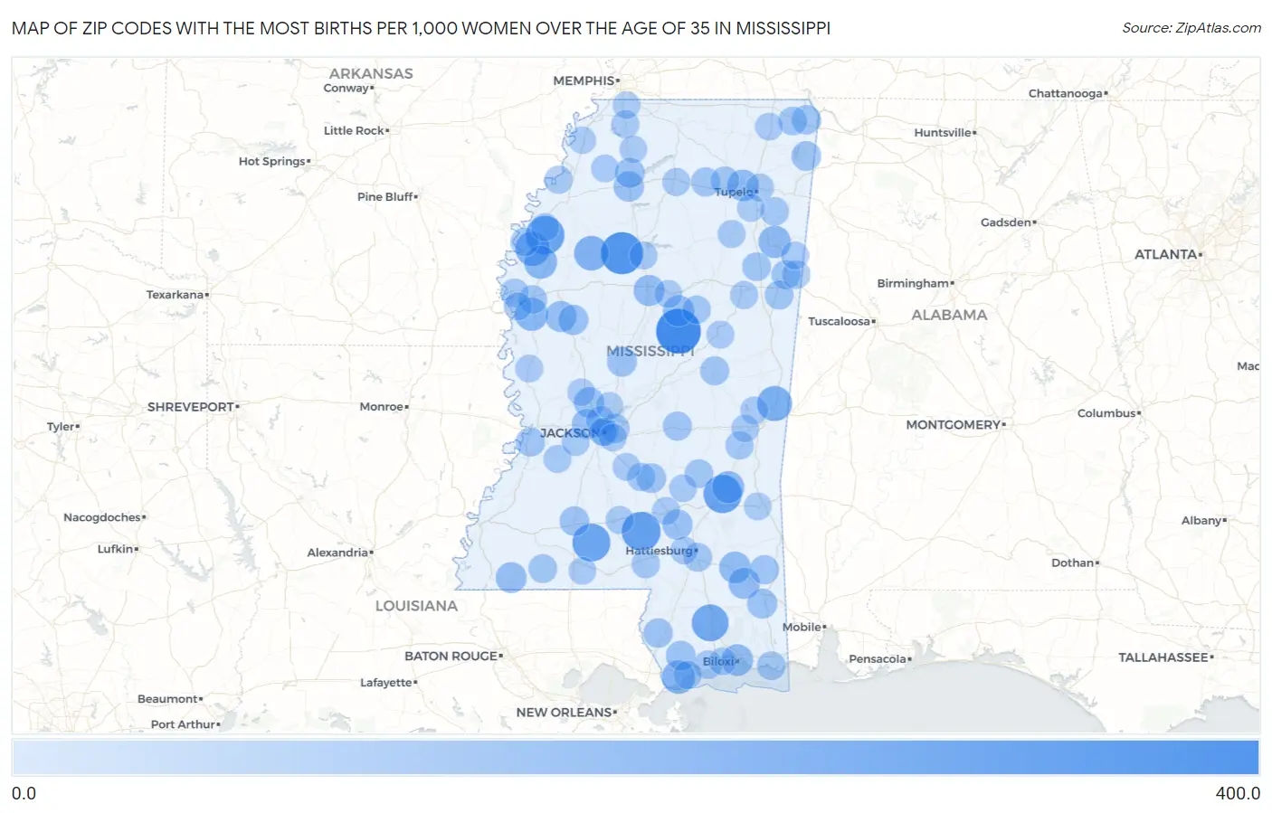 Zip Codes with the Most Births per 1,000 Women Over the Age of 35 in Mississippi Map