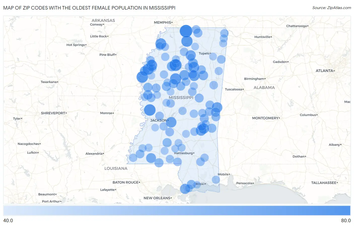 Zip Codes with the Oldest Female Population in Mississippi Map