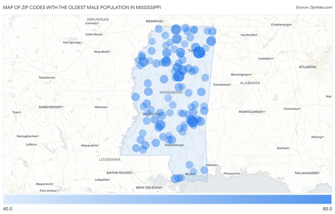 Zip Codes with the Oldest Male Population in Mississippi Map