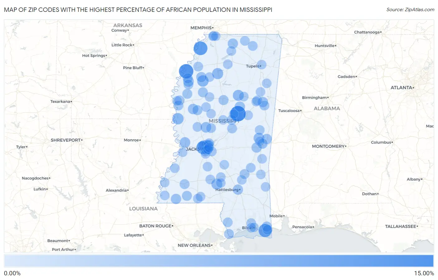 Zip Codes with the Highest Percentage of African Population in Mississippi Map