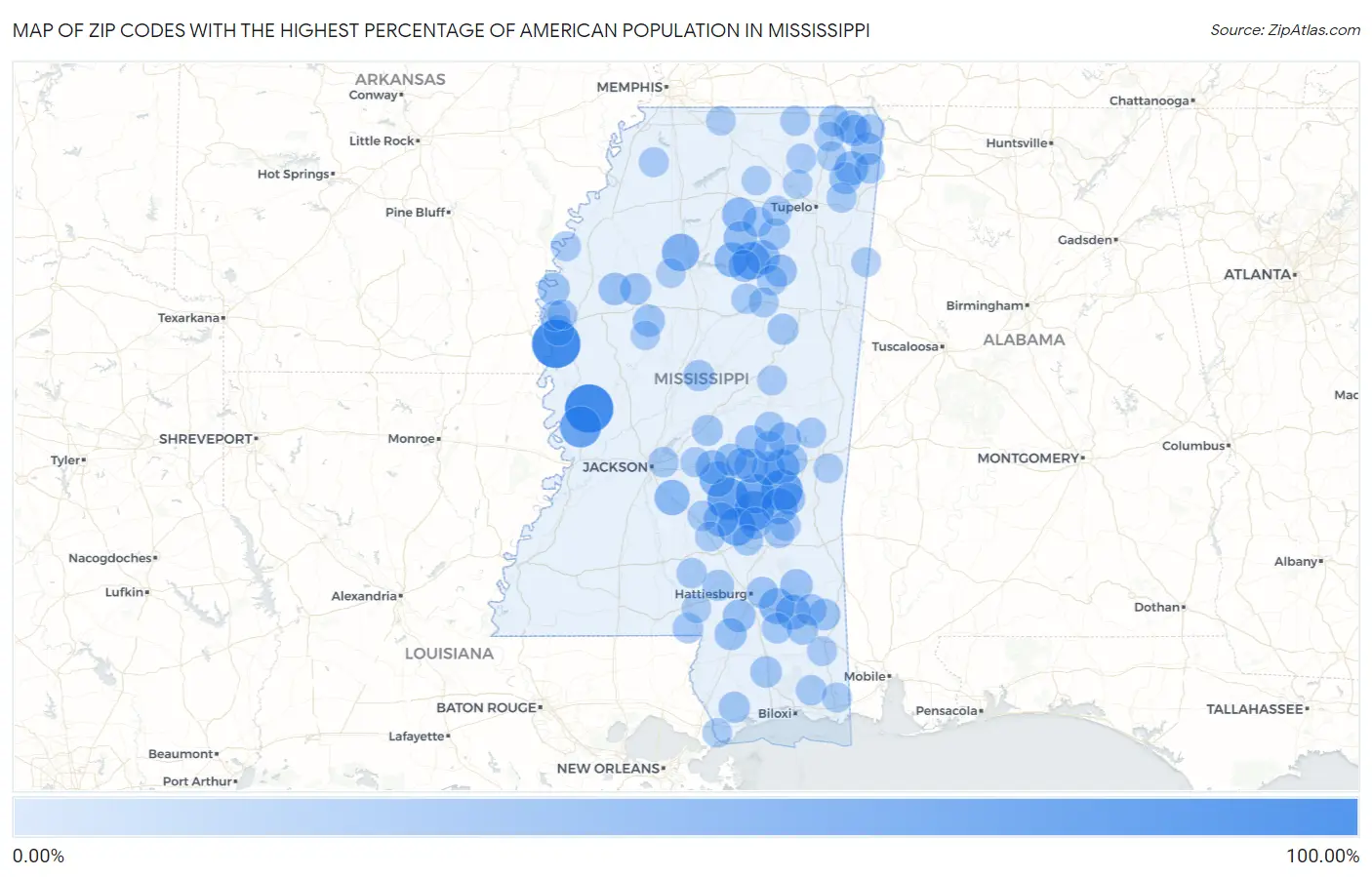 Zip Codes with the Highest Percentage of American Population in Mississippi Map