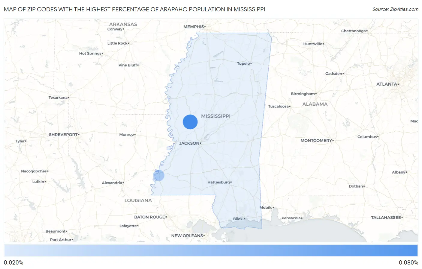 Zip Codes with the Highest Percentage of Arapaho Population in Mississippi Map