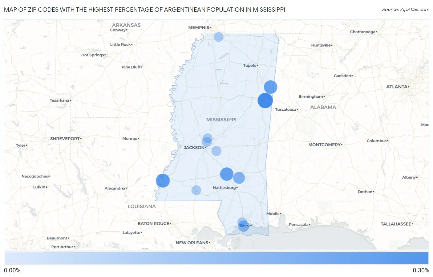 Zip Codes with the Highest Percentage of Argentinean Population in Mississippi Map
