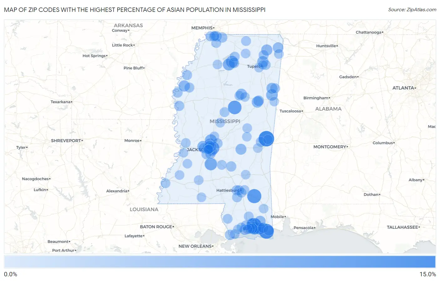 Zip Codes with the Highest Percentage of Asian Population in Mississippi Map