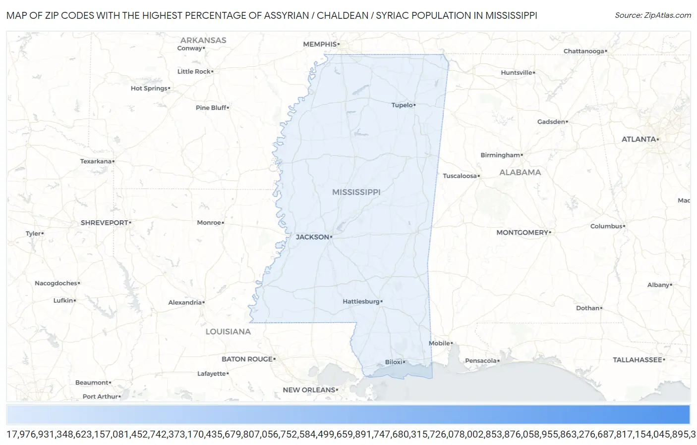Zip Codes with the Highest Percentage of Assyrian / Chaldean / Syriac Population in Mississippi Map