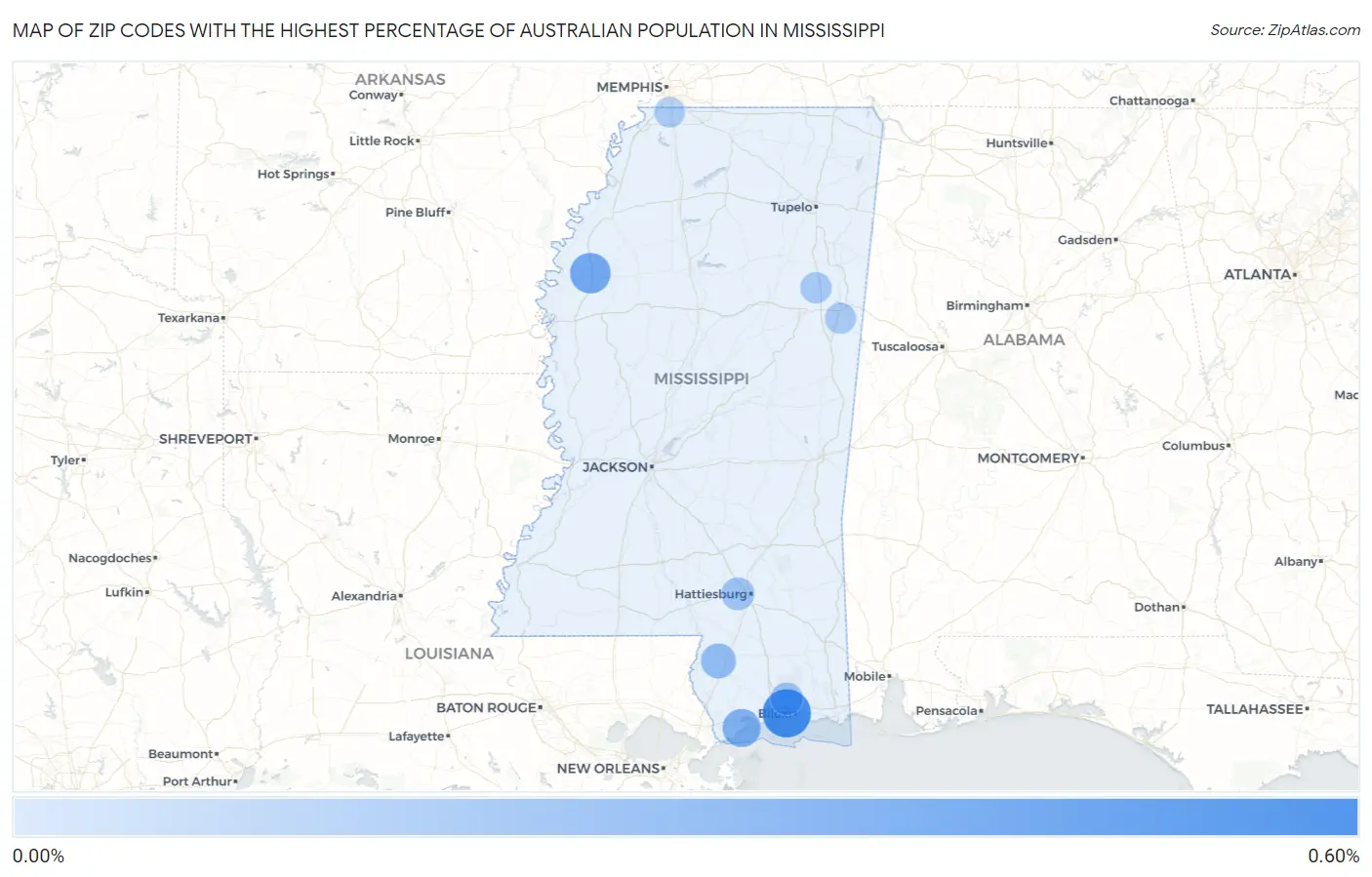 Zip Codes with the Highest Percentage of Australian Population in Mississippi Map