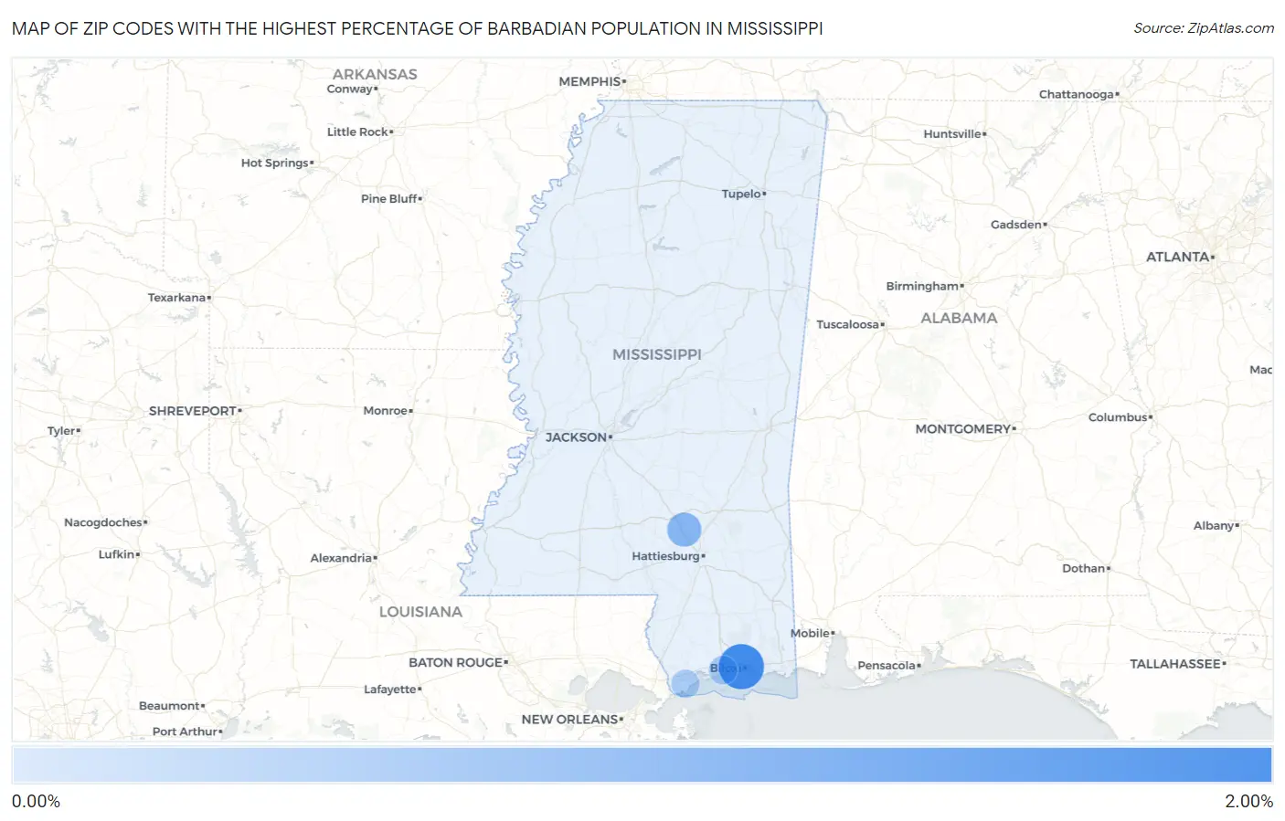 Zip Codes with the Highest Percentage of Barbadian Population in Mississippi Map