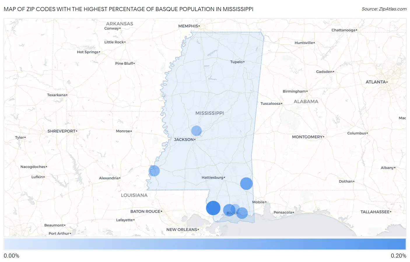 Zip Codes with the Highest Percentage of Basque Population in Mississippi Map