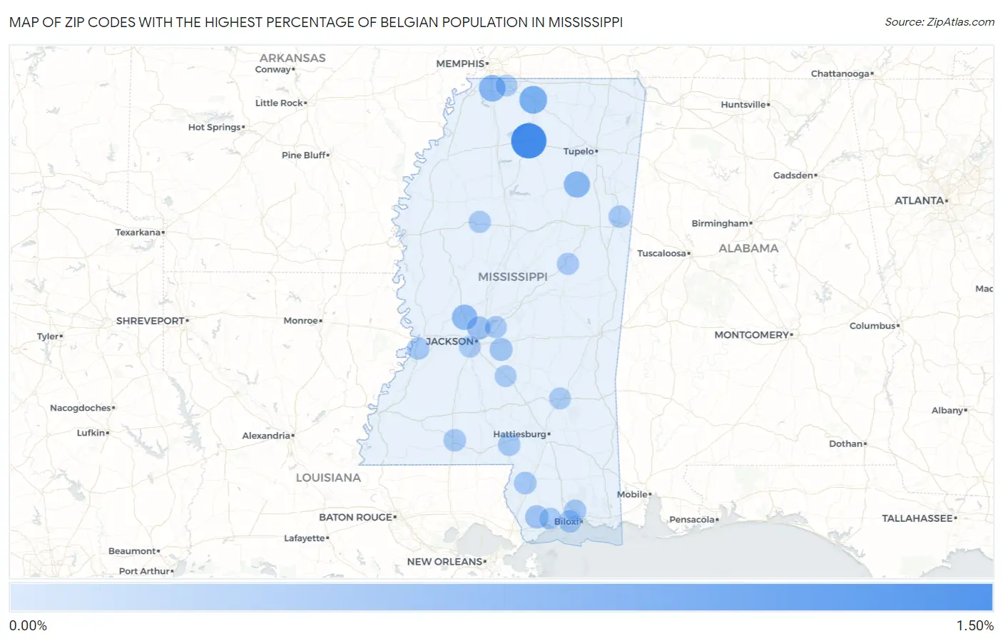Zip Codes with the Highest Percentage of Belgian Population in Mississippi Map