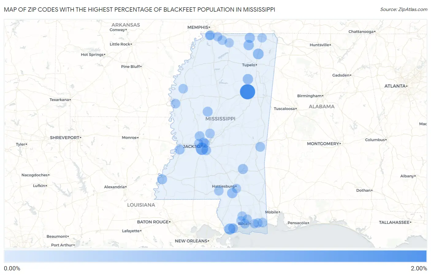 Zip Codes with the Highest Percentage of Blackfeet Population in Mississippi Map