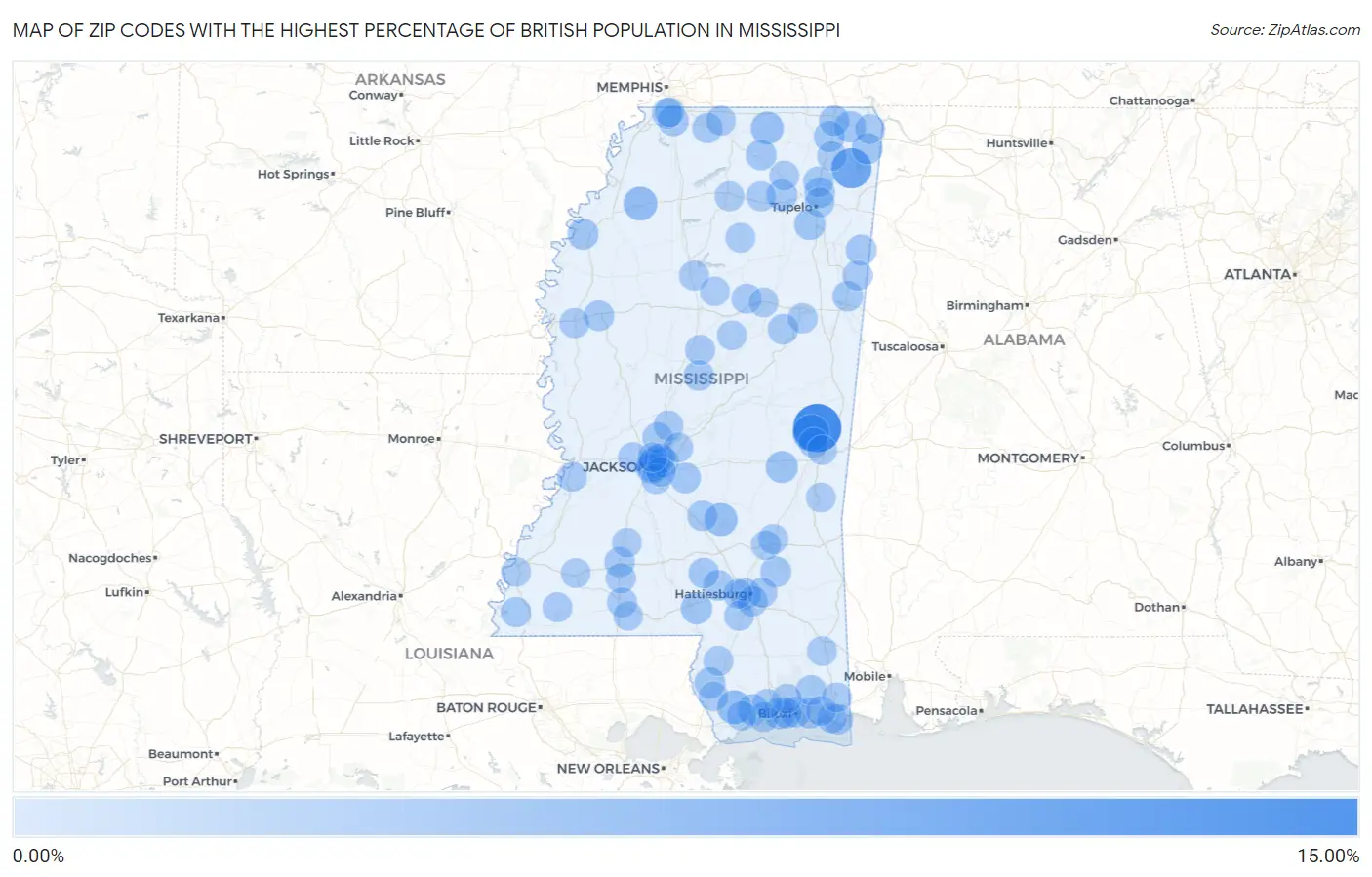 Zip Codes with the Highest Percentage of British Population in Mississippi Map