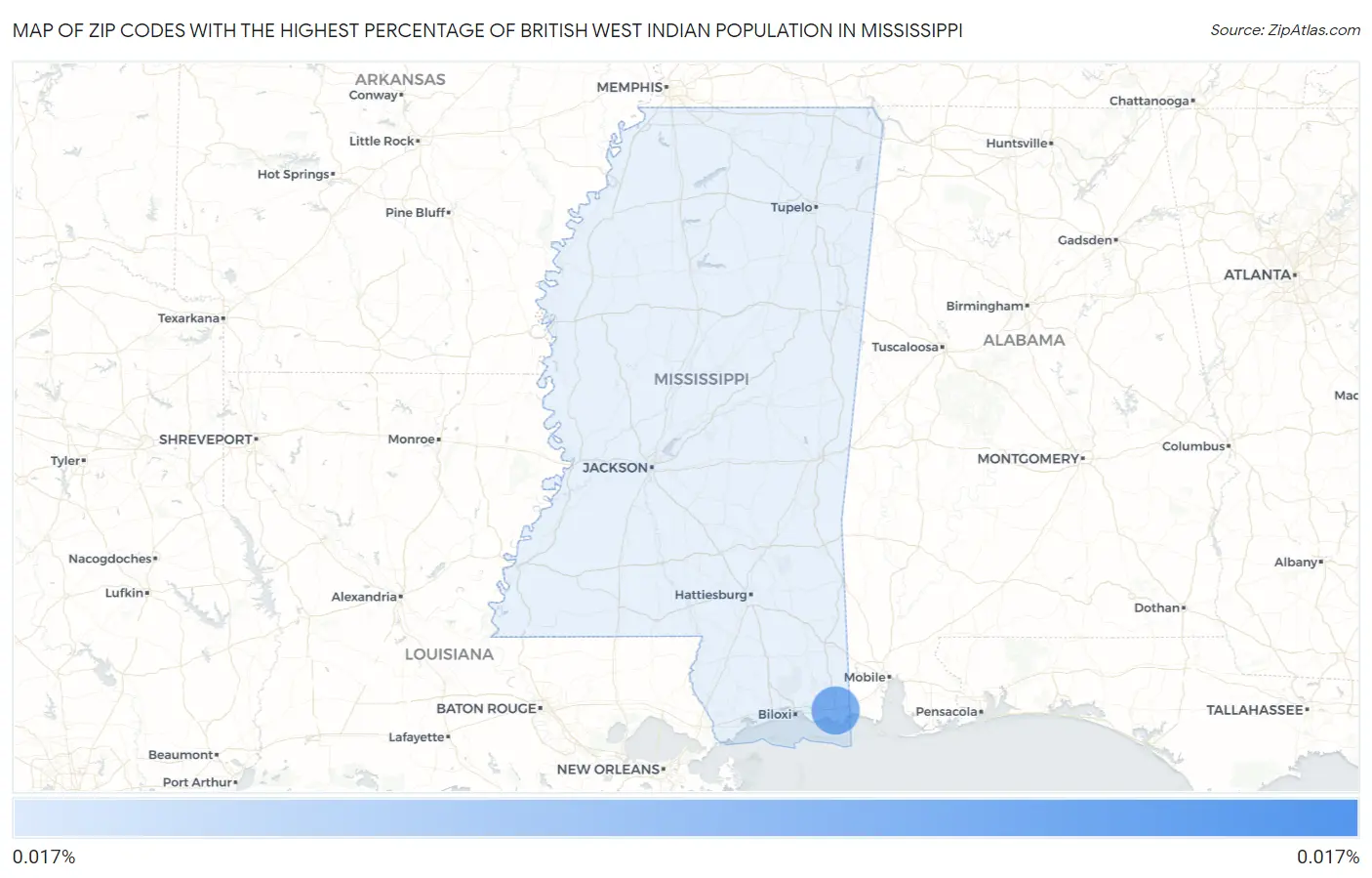 Zip Codes with the Highest Percentage of British West Indian Population in Mississippi Map