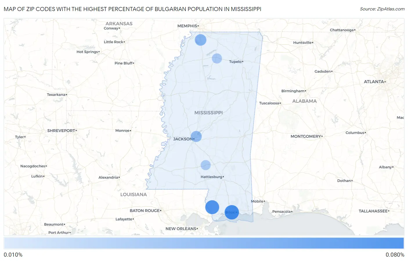 Zip Codes with the Highest Percentage of Bulgarian Population in Mississippi Map