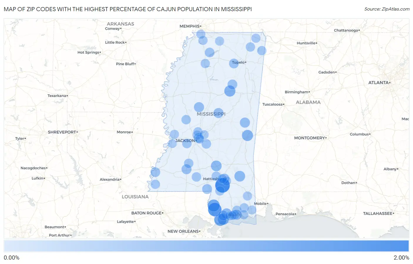 Zip Codes with the Highest Percentage of Cajun Population in Mississippi Map