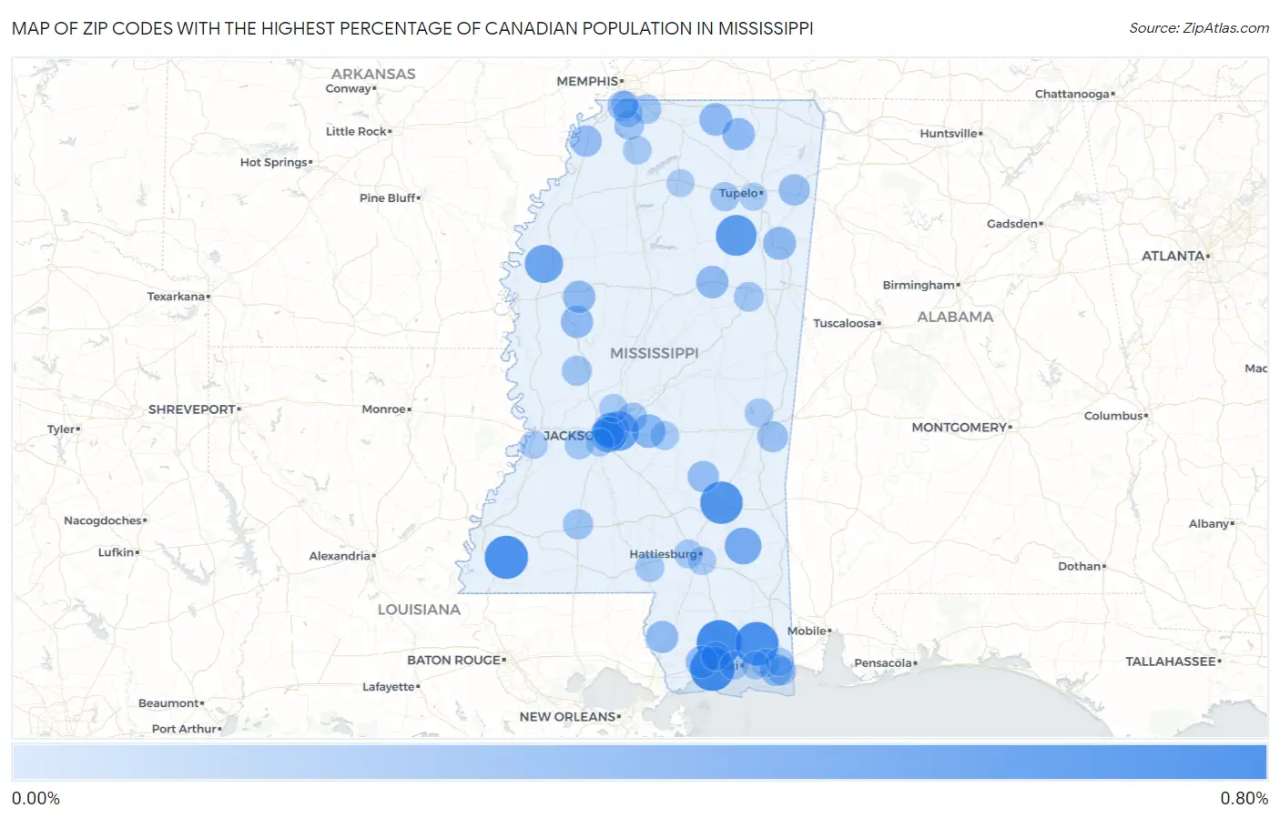 Zip Codes with the Highest Percentage of Canadian Population in Mississippi Map