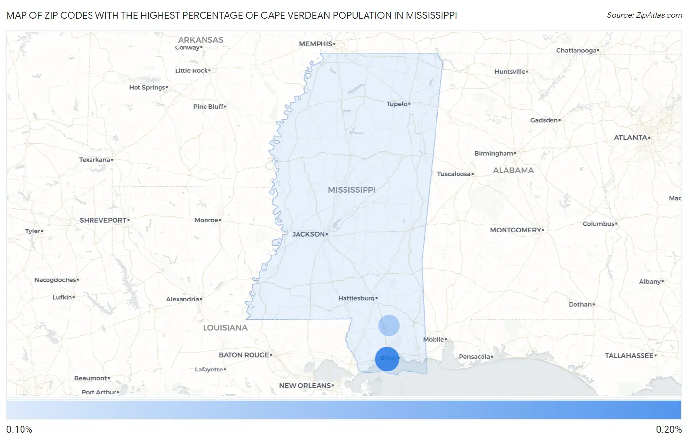 Zip Codes with the Highest Percentage of Cape Verdean Population in Mississippi Map