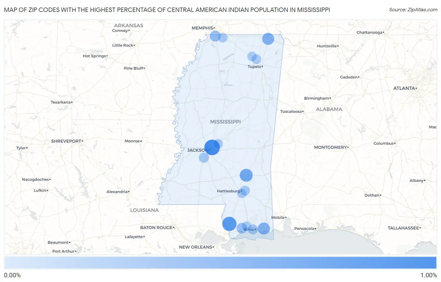 Zip Codes with the Highest Percentage of Central American Indian Population in Mississippi Map