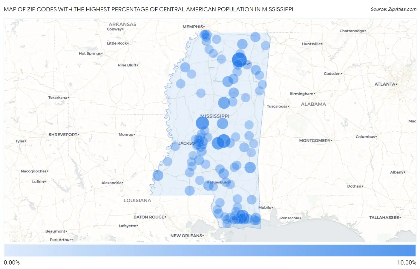 Zip Codes with the Highest Percentage of Central American Population in Mississippi Map