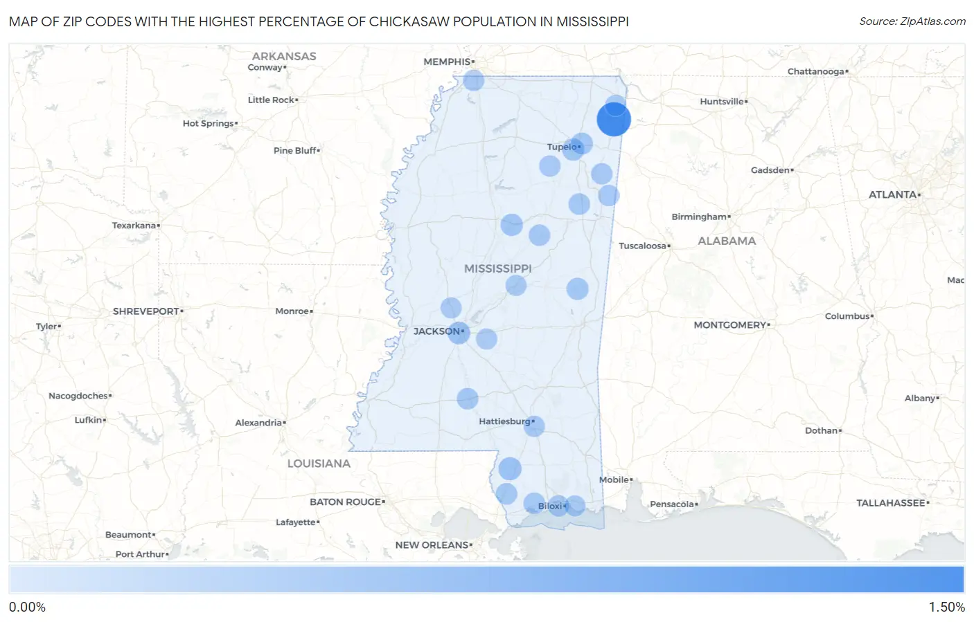 Zip Codes with the Highest Percentage of Chickasaw Population in Mississippi Map
