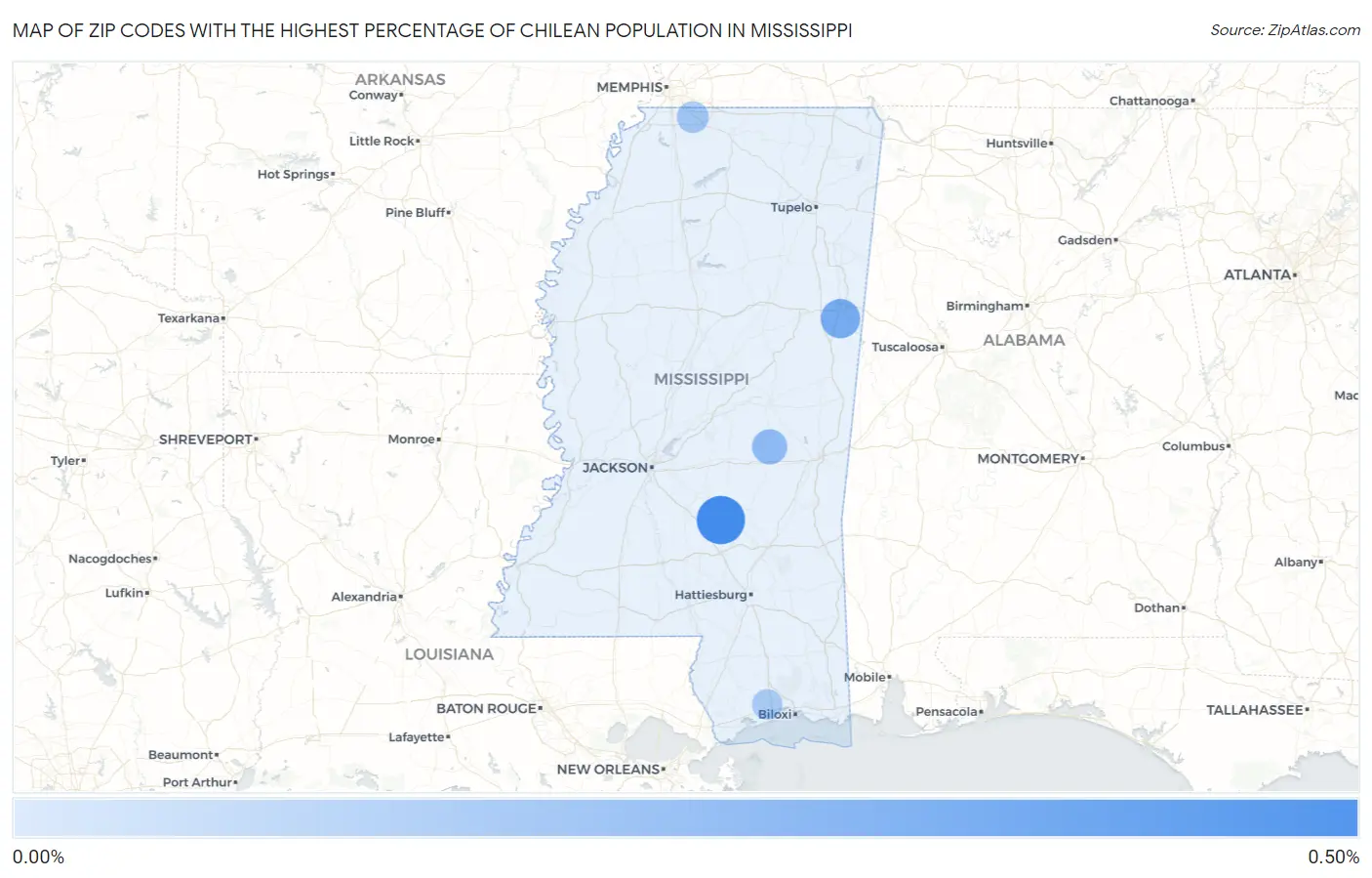 Zip Codes with the Highest Percentage of Chilean Population in Mississippi Map