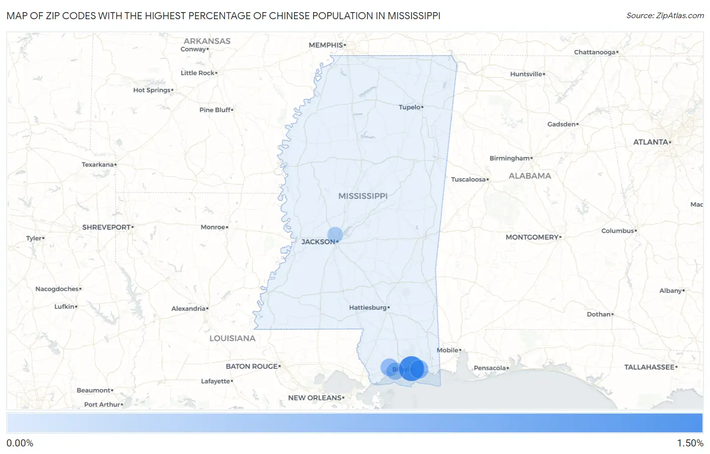 Zip Codes with the Highest Percentage of Chinese Population in Mississippi Map