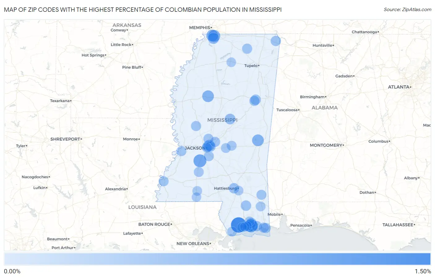 Zip Codes with the Highest Percentage of Colombian Population in Mississippi Map