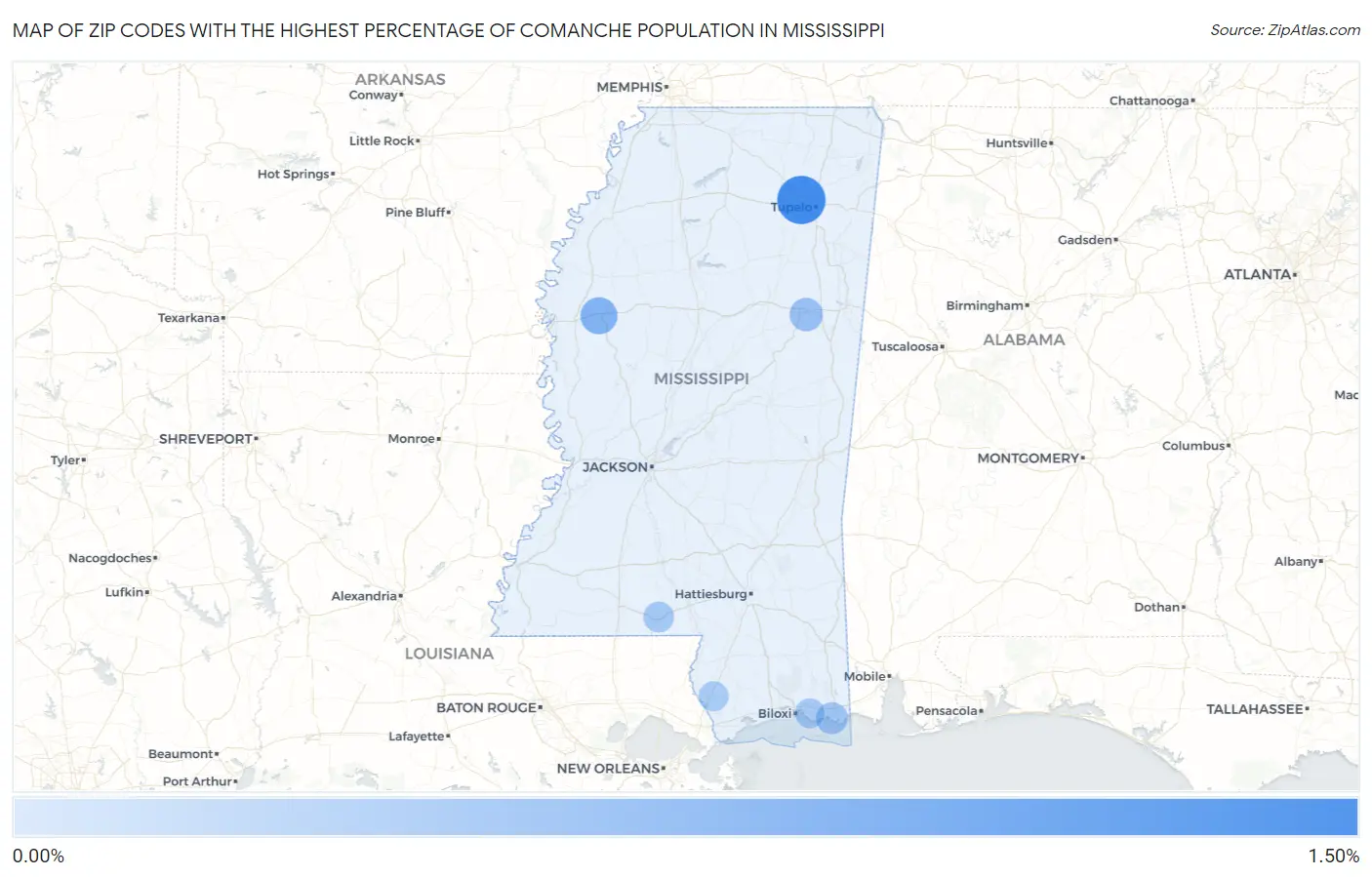 Zip Codes with the Highest Percentage of Comanche Population in Mississippi Map