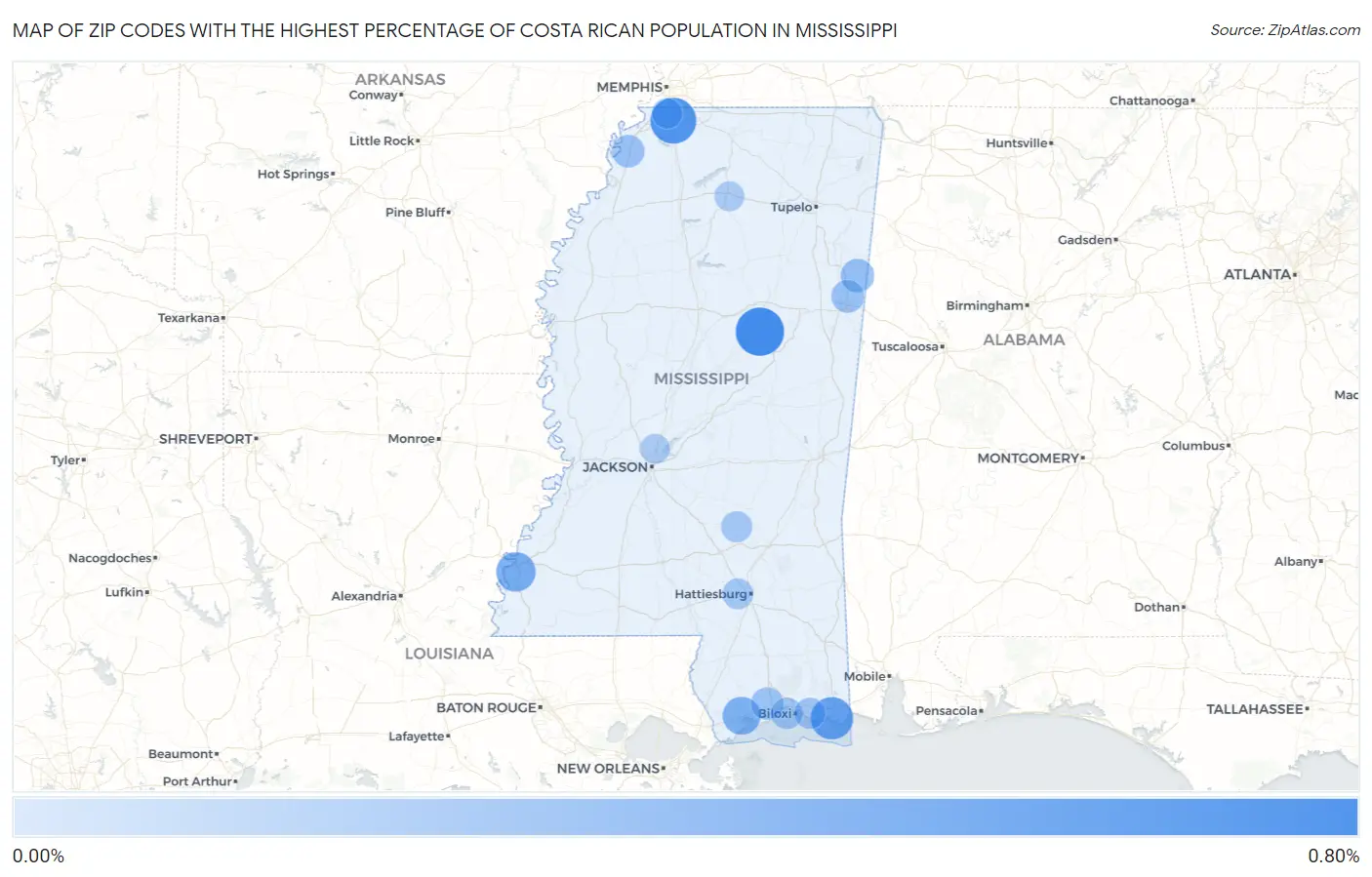Zip Codes with the Highest Percentage of Costa Rican Population in Mississippi Map