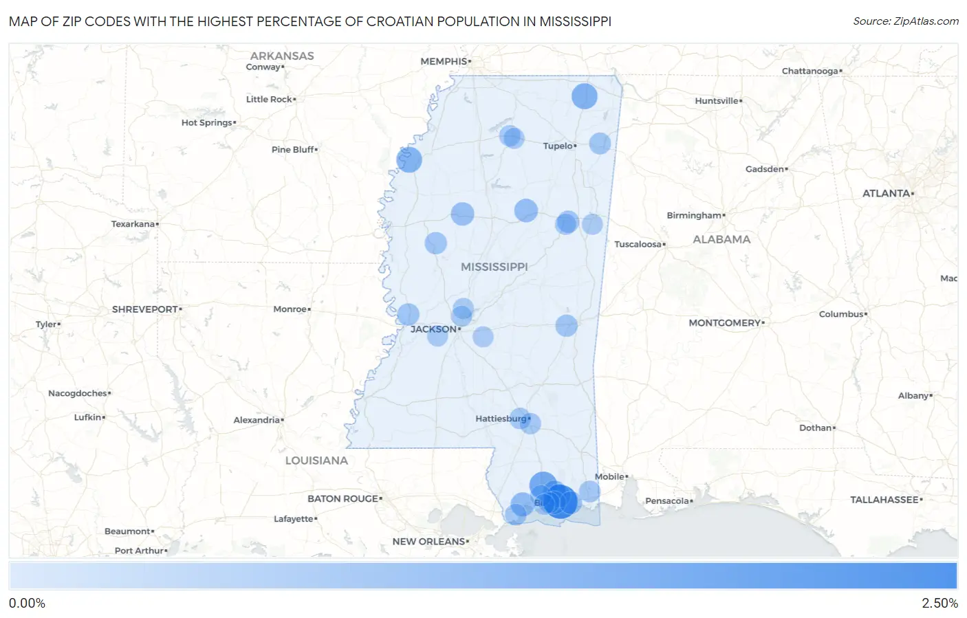 Zip Codes with the Highest Percentage of Croatian Population in Mississippi Map