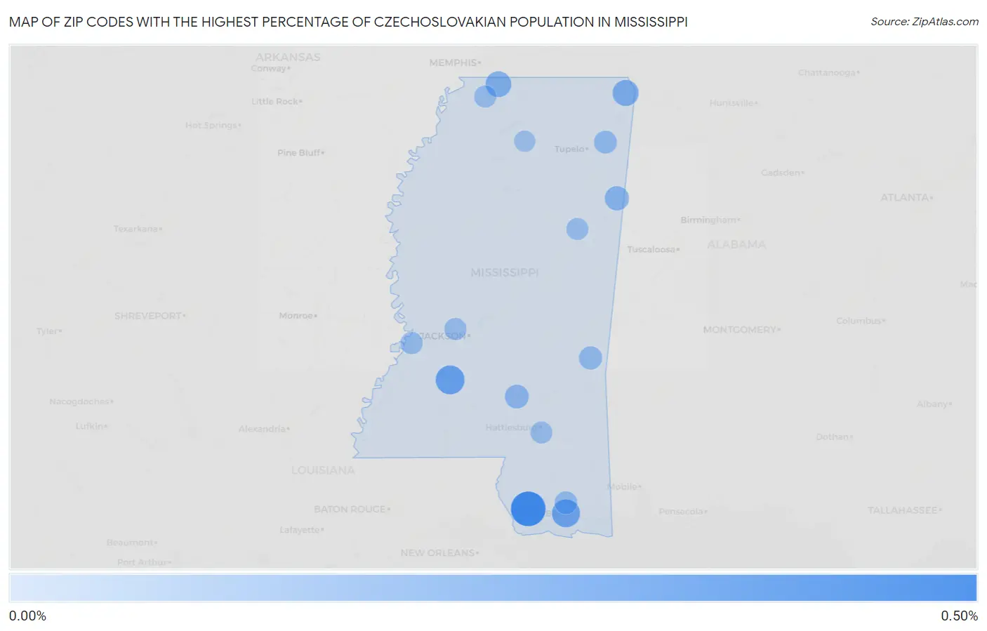 Zip Codes with the Highest Percentage of Czechoslovakian Population in Mississippi Map