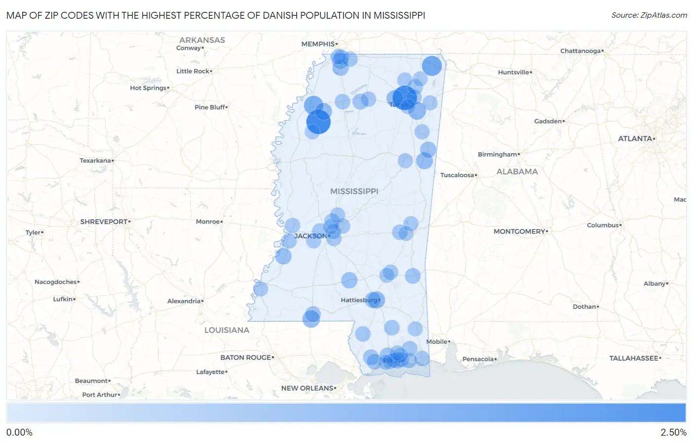Zip Codes with the Highest Percentage of Danish Population in Mississippi Map