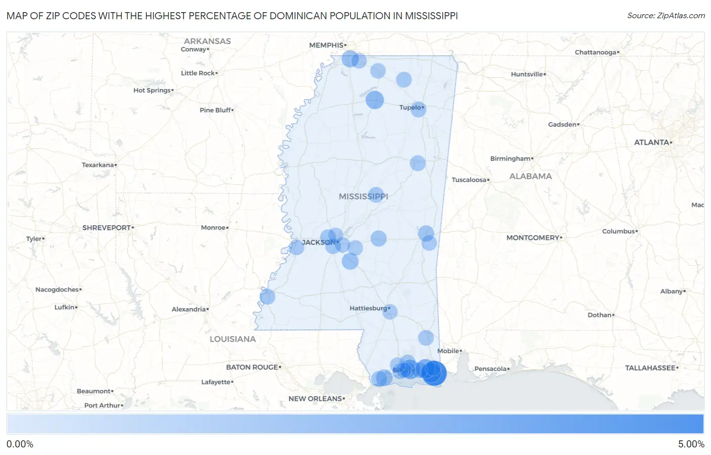 Zip Codes with the Highest Percentage of Dominican Population in Mississippi Map