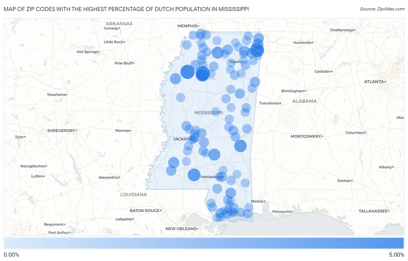 Zip Codes with the Highest Percentage of Dutch Population in Mississippi Map