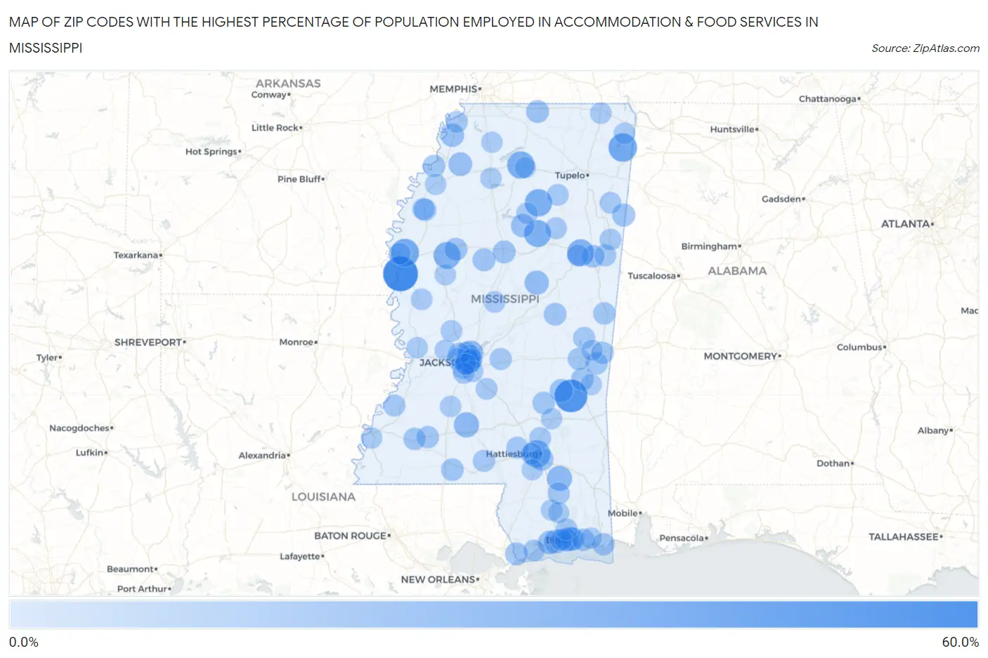 Zip Codes with the Highest Percentage of Population Employed in Accommodation & Food Services in Mississippi Map