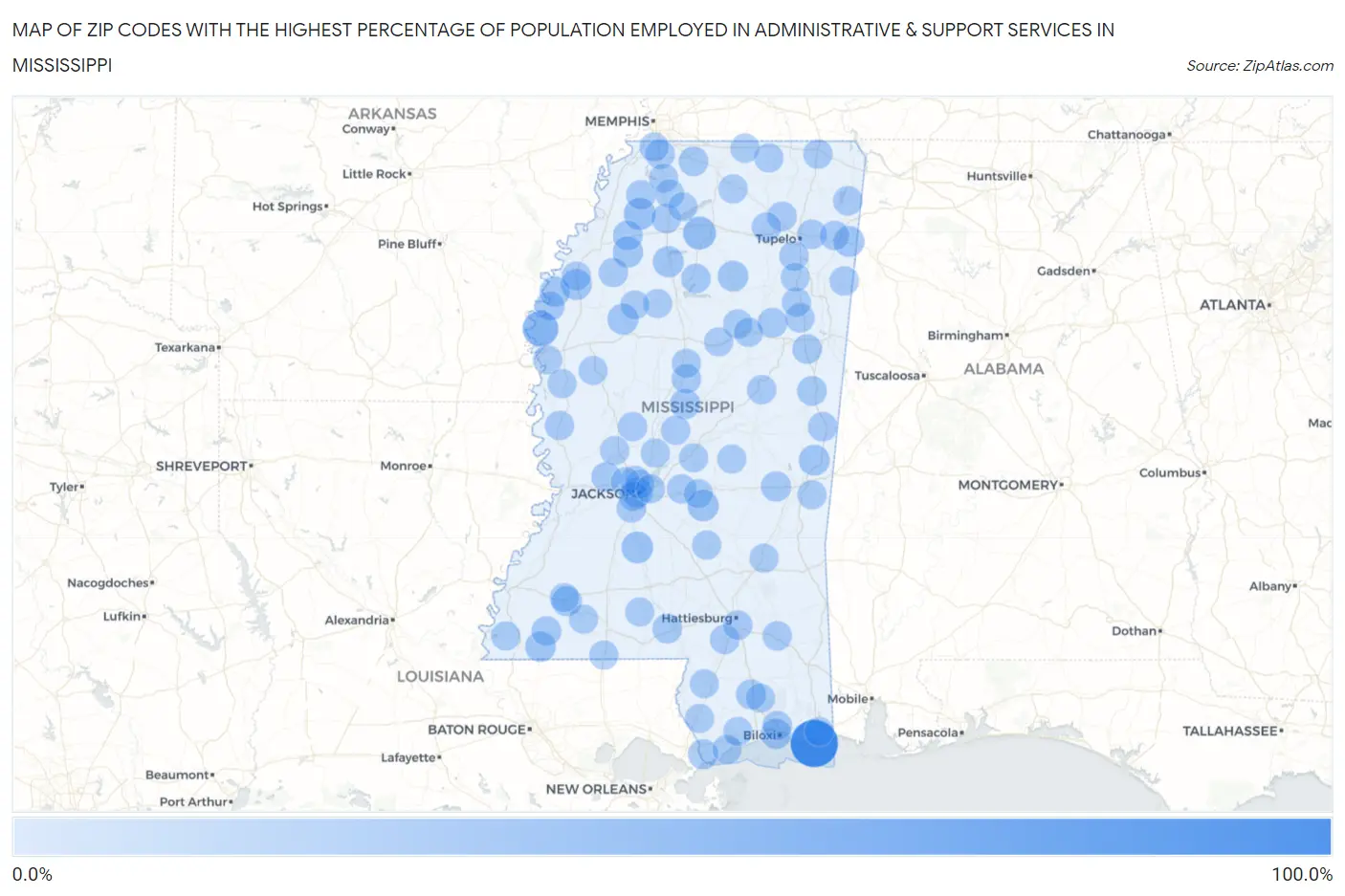 Zip Codes with the Highest Percentage of Population Employed in Administrative & Support Services in Mississippi Map