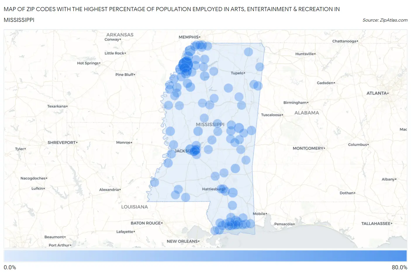 Zip Codes with the Highest Percentage of Population Employed in Arts, Entertainment & Recreation in Mississippi Map