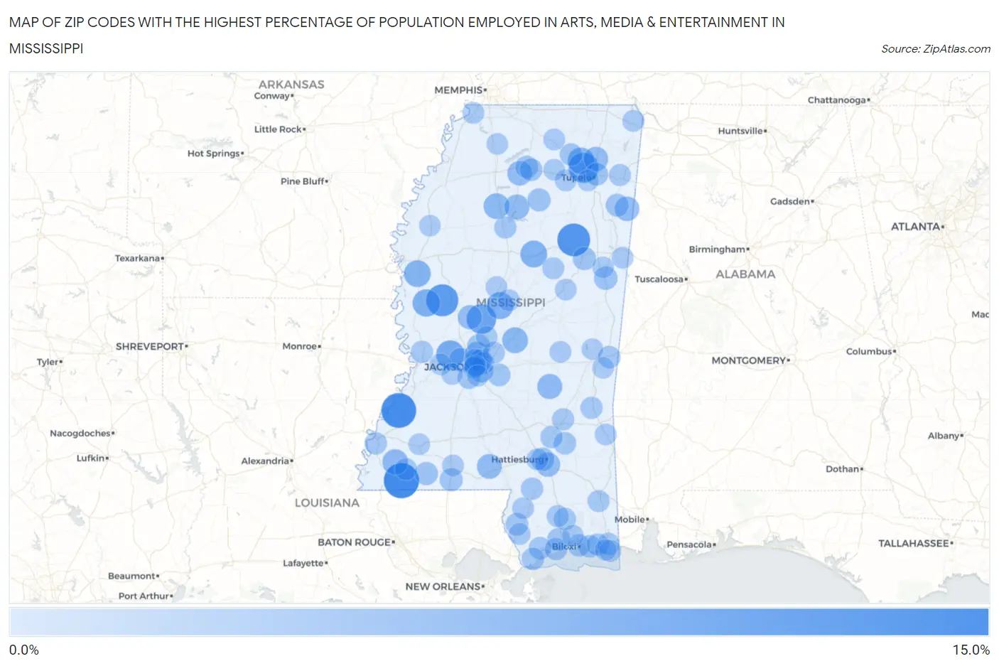Zip Codes with the Highest Percentage of Population Employed in Arts, Media & Entertainment in Mississippi Map