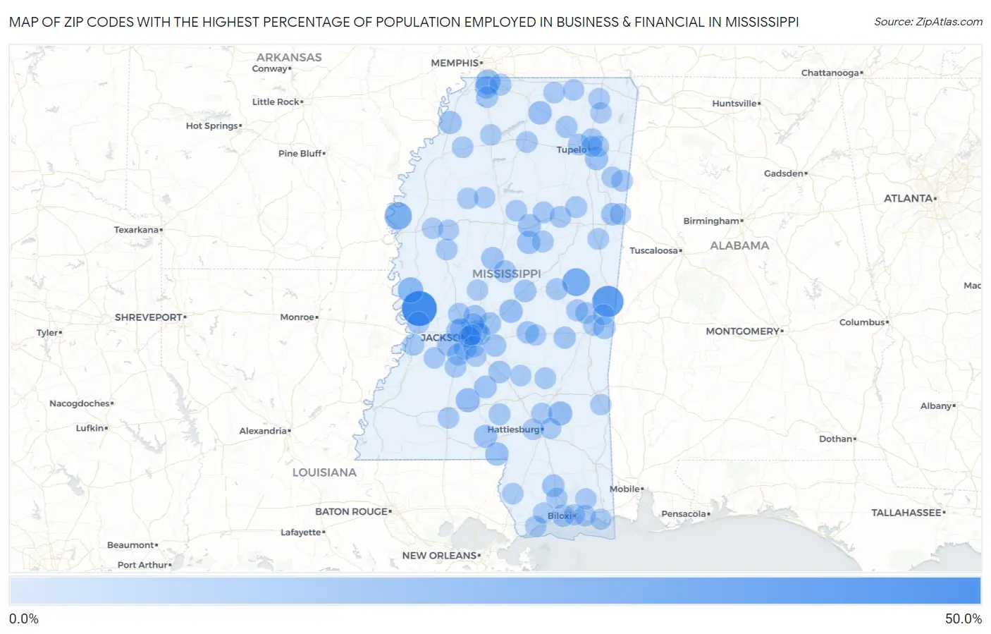 Zip Codes with the Highest Percentage of Population Employed in Business & Financial in Mississippi Map