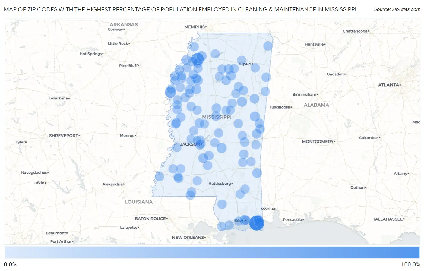 Zip Codes with the Highest Percentage of Population Employed in Cleaning & Maintenance in Mississippi Map