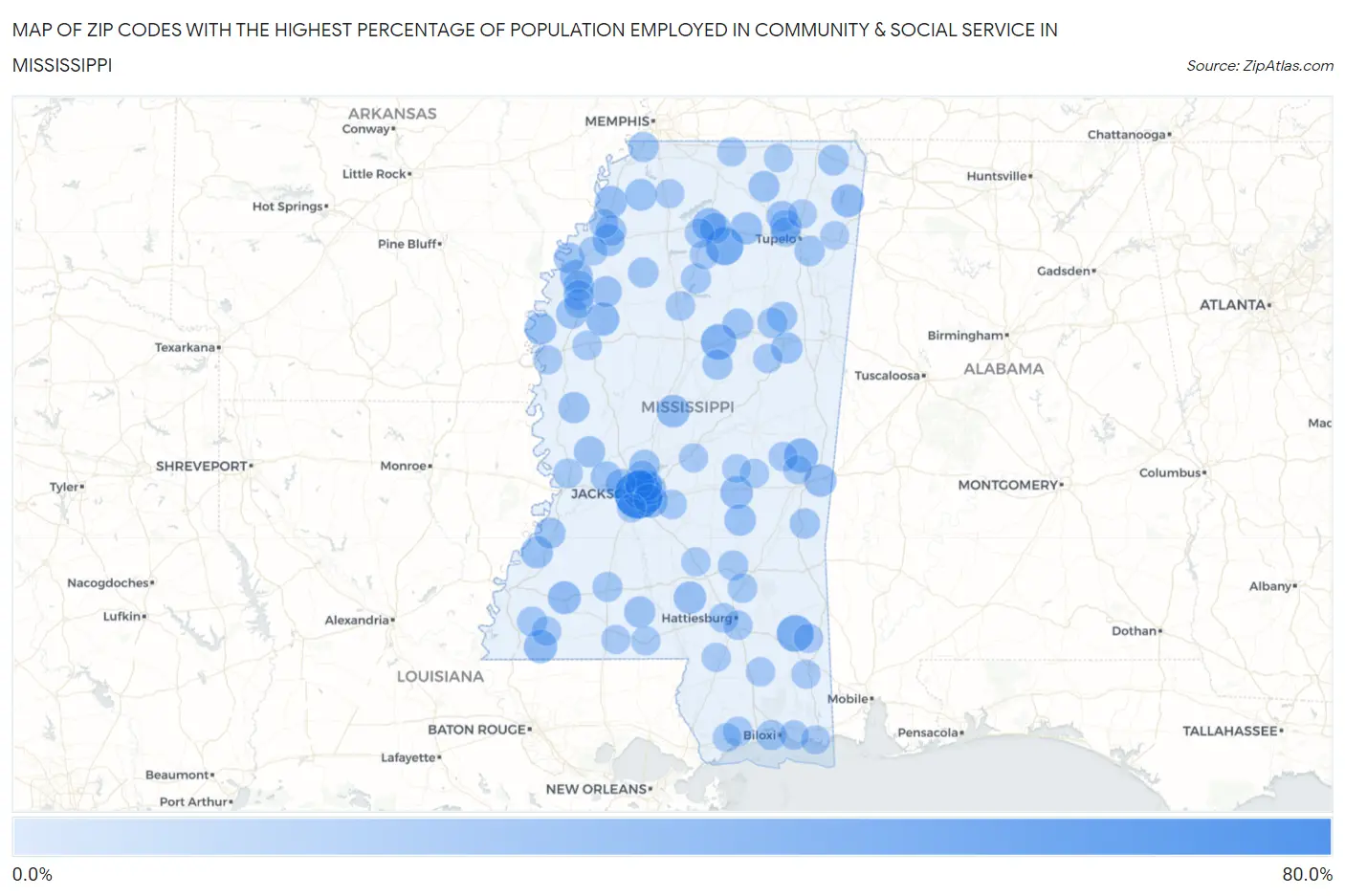 Zip Codes with the Highest Percentage of Population Employed in Community & Social Service  in Mississippi Map