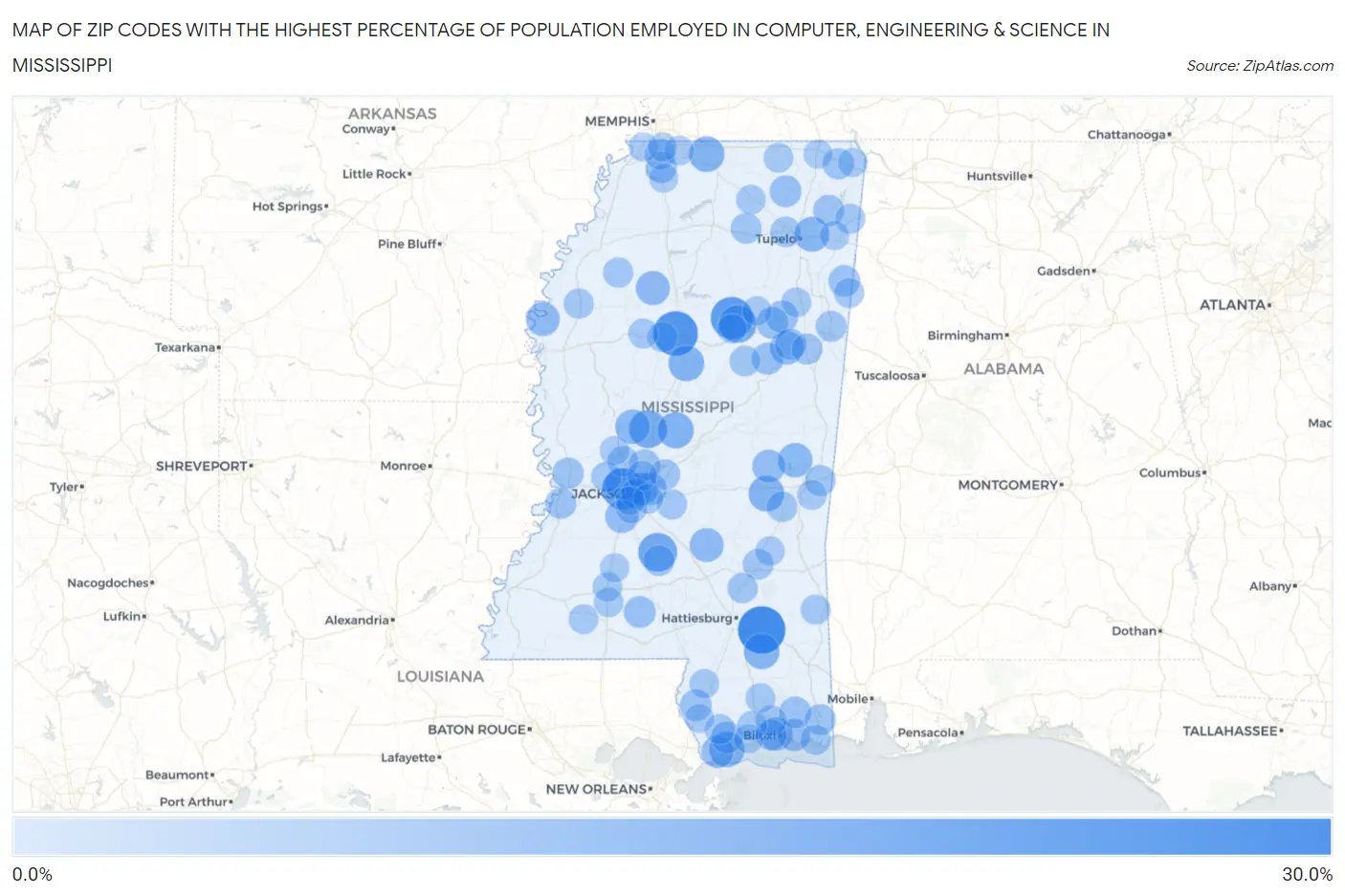 Zip Codes with the Highest Percentage of Population Employed in Computer, Engineering & Science in Mississippi Map